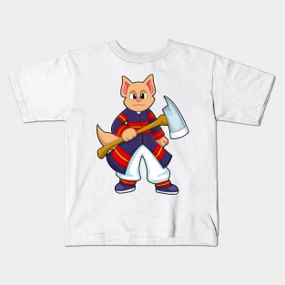 Cat as Firefighter at Fire department with Axe Kids T-Shirt